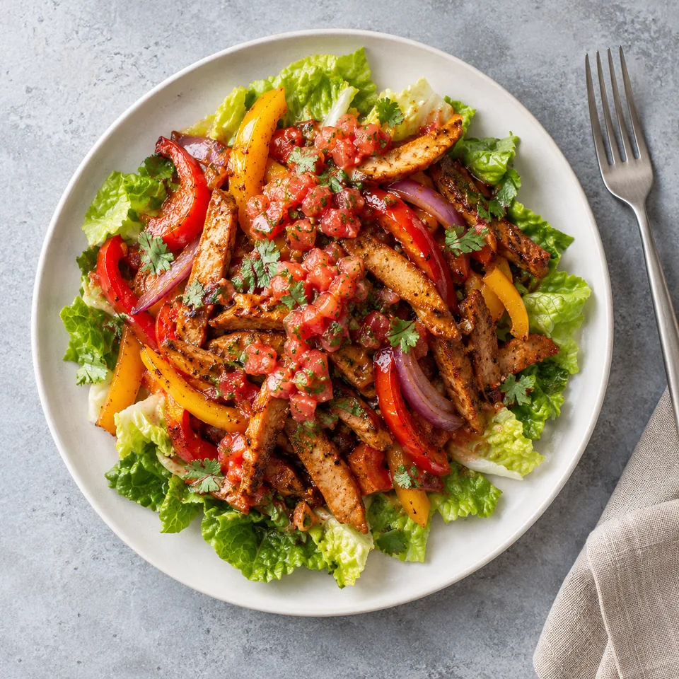 Émincé de seitan façon fajitas sur lit de sucrine avec poivrons et salsa tomate