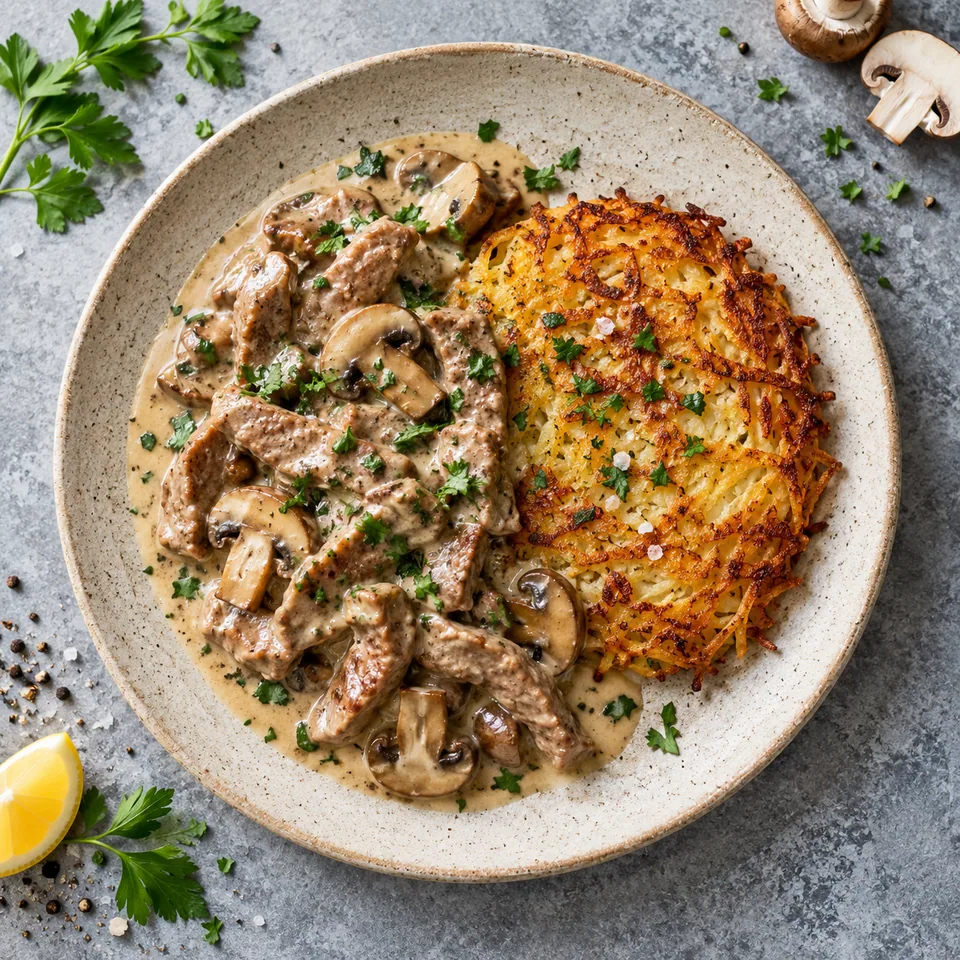 Émincé de veau à la zurichoise avec sauce aux champignons et rösti doré sur assiette beige.