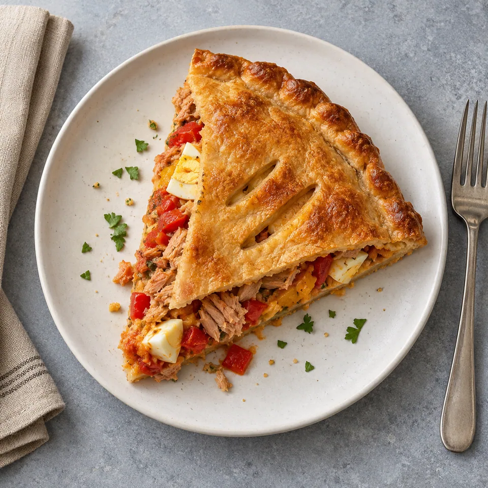 Part d'empanada gallega dorée sur assiette blanche, garnie de thon, poivrons colorés et œuf dur.