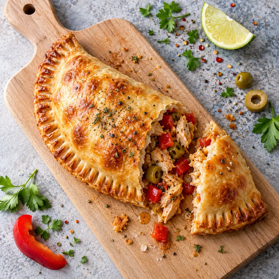 Empanada au poulet dorée avec poivron rouge et olives vertes sur planche en bois.