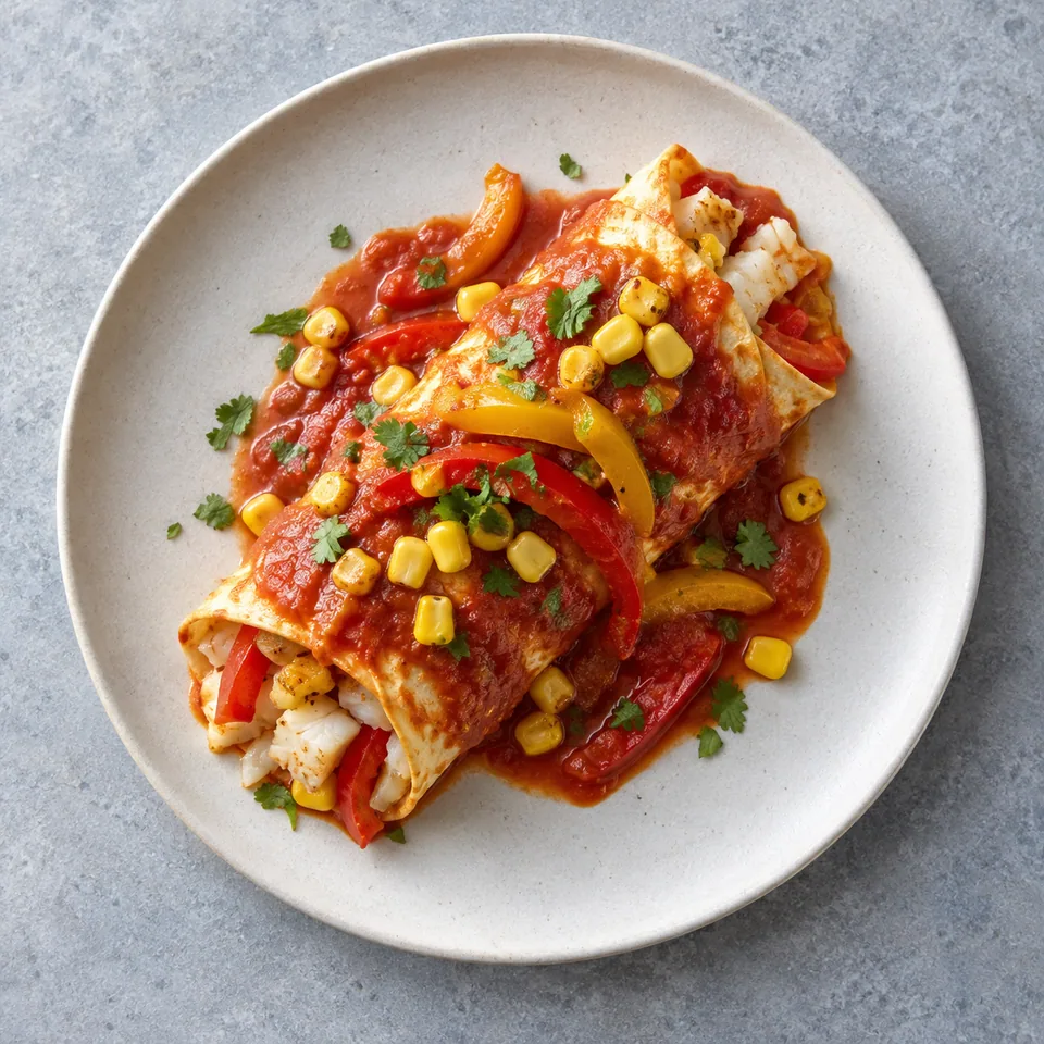 Enchilada de cabillaud nappée de sauce tomate, garnie de poivrons en lanières et de grains de maïs jaunes.