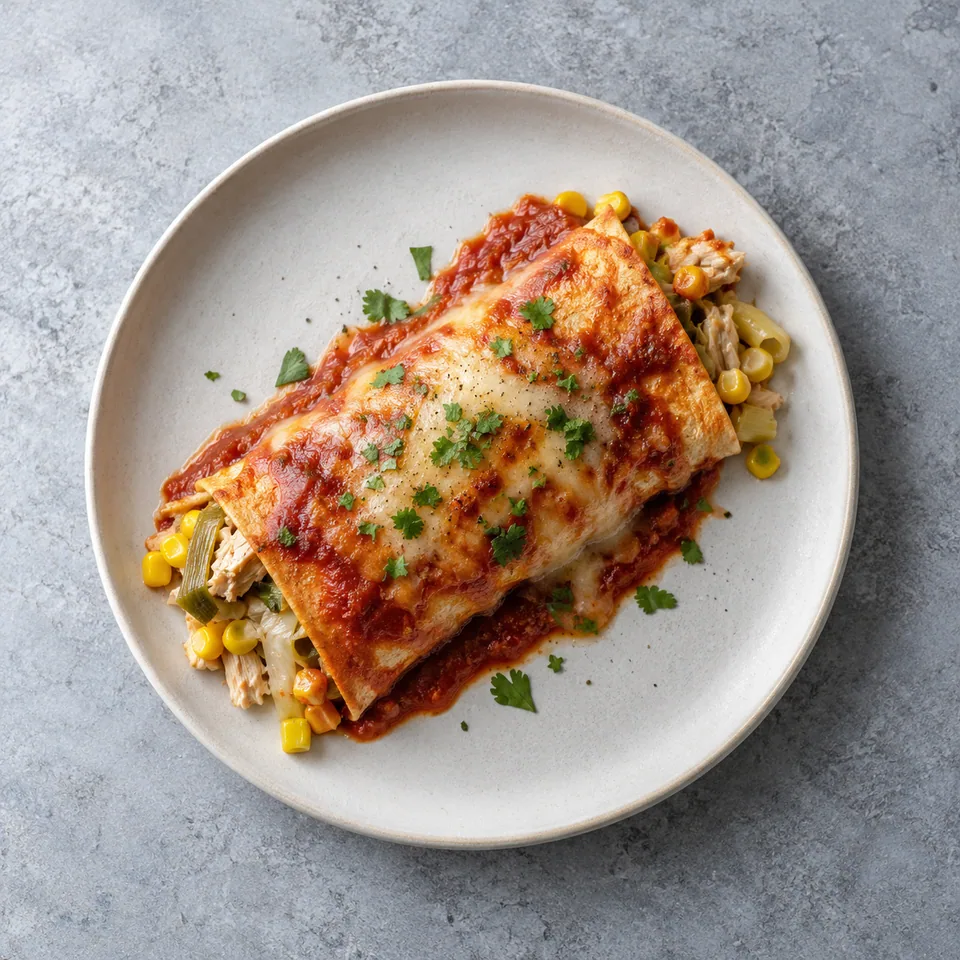 Enchilada de dinde aux poireaux roulée, nappée de sauce tomate rouge, avec maïs et farce visibles aux extrémités.