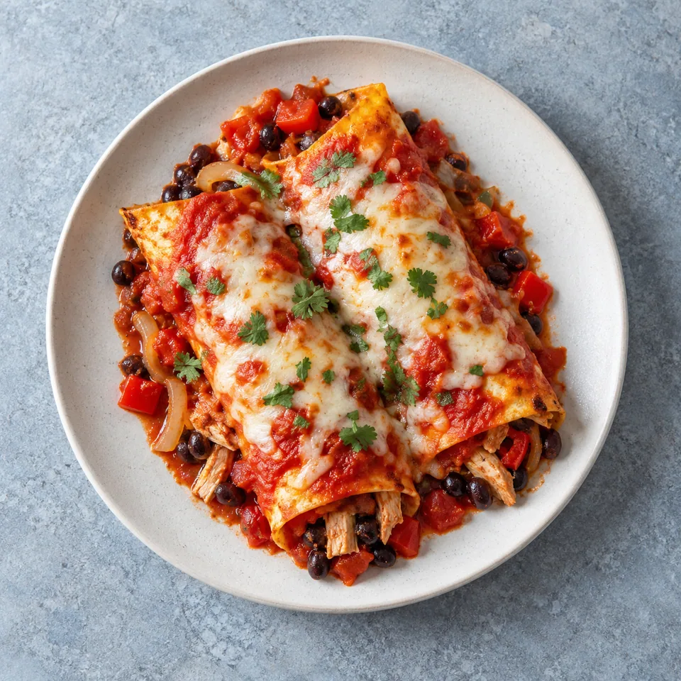 Enchiladas de poulet aux haricots noirs : deux tortillas roulées, sauce tomate, mozzarella fondue, poulet, poivron et haricots noirs.