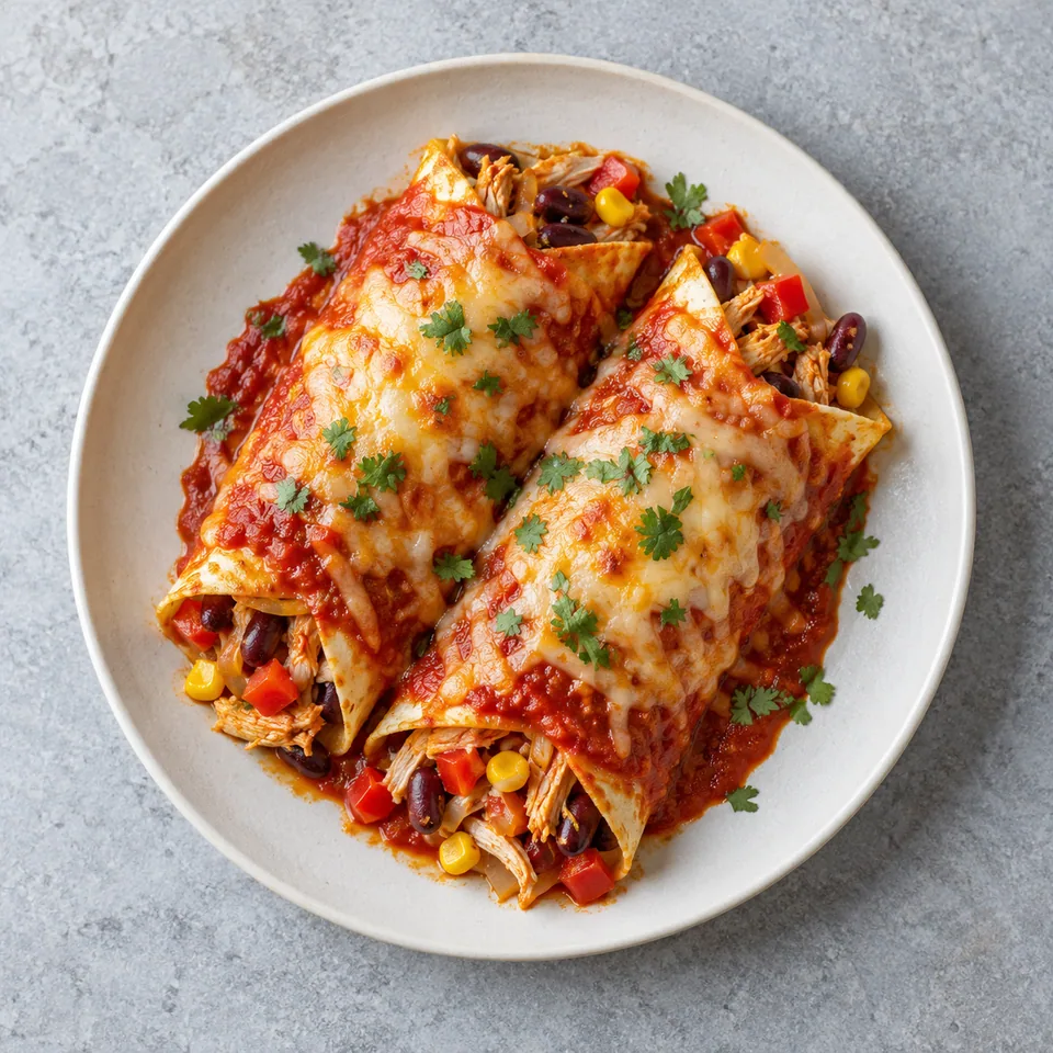 Enchiladas de poulet gratinées, tortillas roulées nappées de tomate et de fromage doré, avec maïs et haricots visibles aux bouts.