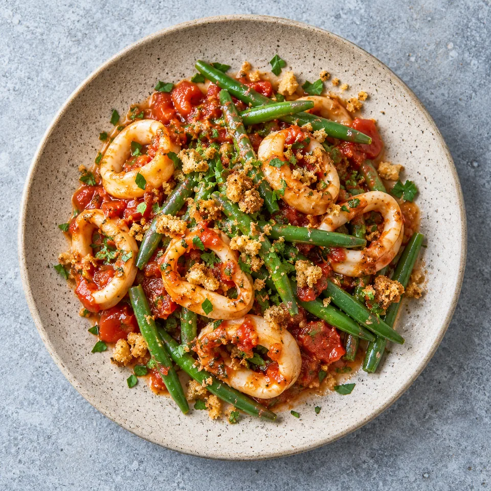 Assiette d'encornets à la tomate et haricots verts, sauce rouge, persil vert, pain grillé doré sur fond beige moucheté.