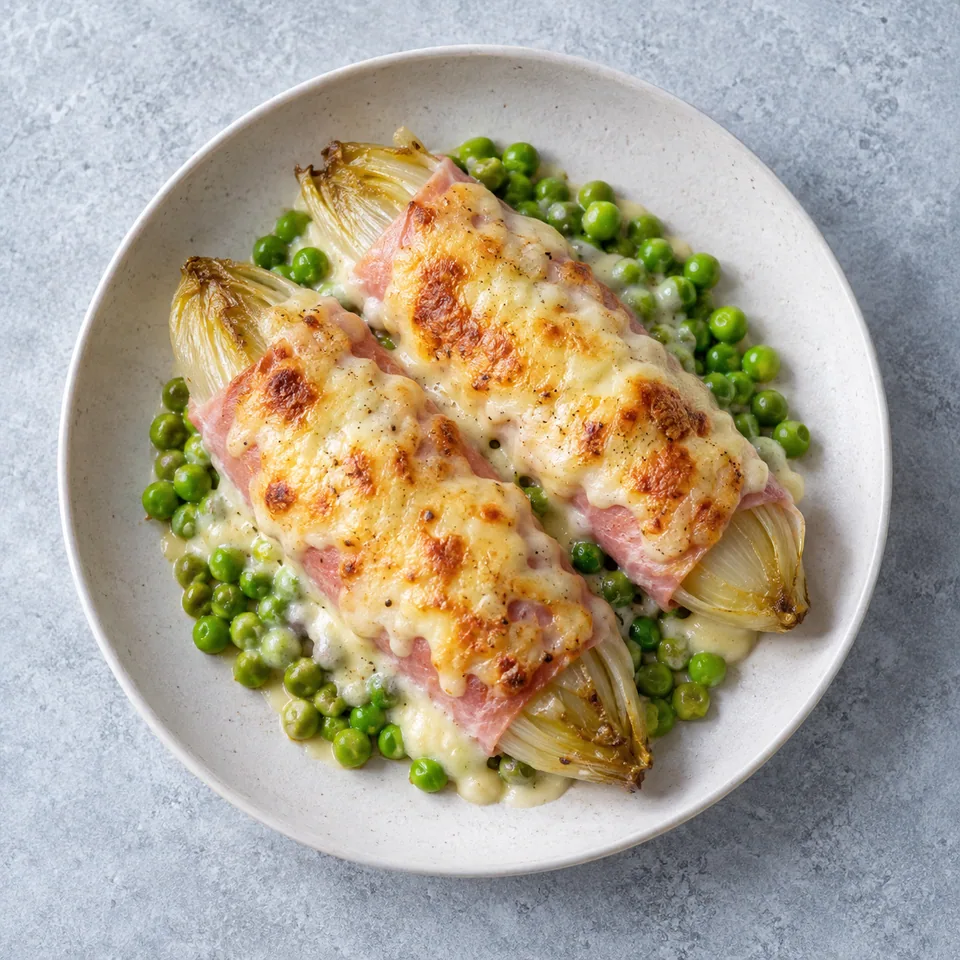 Endives au jambon gratinées, rouleaux nappés de sauce ivoire et de fromage doré, sur un lit de petits pois verts.