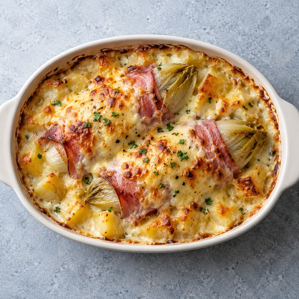 Endives au jambon gratinées, béchamel crémeuse : portion dans un plat blanc, surface dorée et fondant.