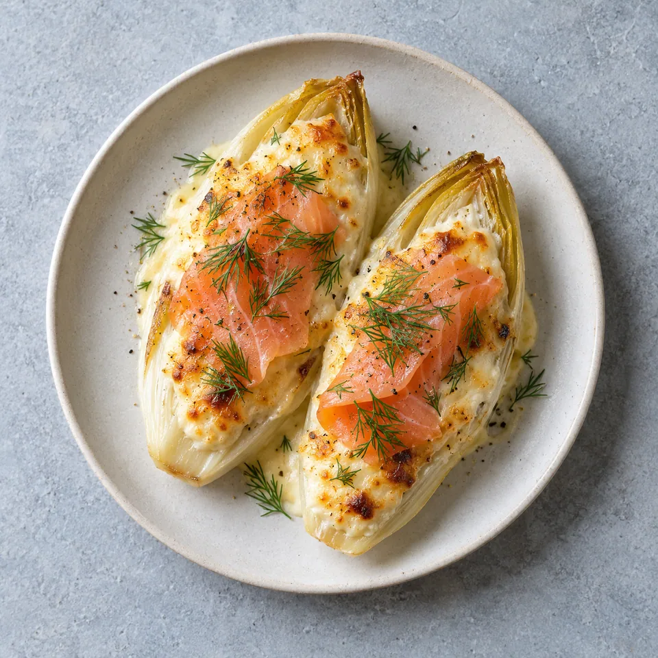 Endives au saumon gratinées : moitiés d'endive nappées de crème dorée, garnies de saumon fumé rose et d'aneth vert.