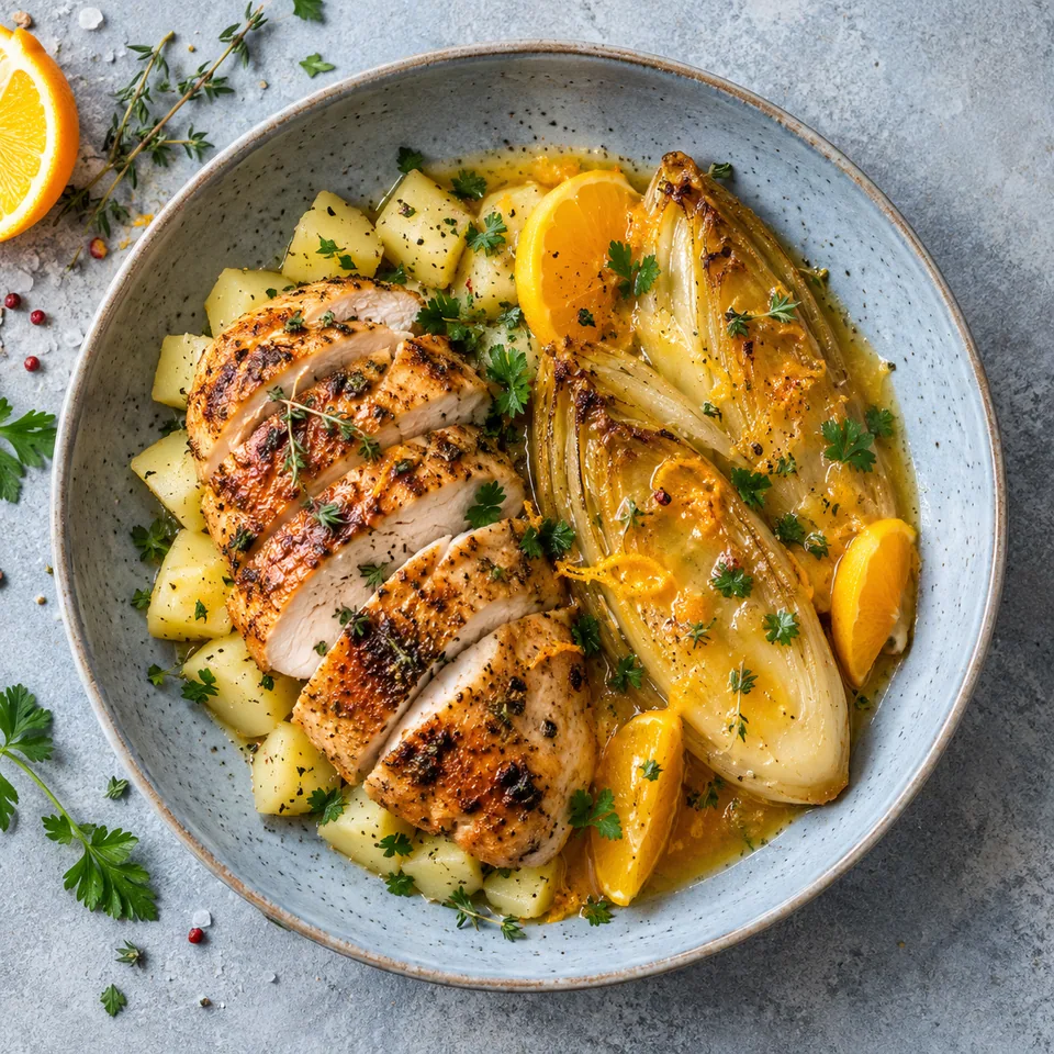 Endives braisées à l'orange et poulet au thym : poulet tranché doré, endives fondantes nappées et pommes de terre en dés sur assiette grise.
