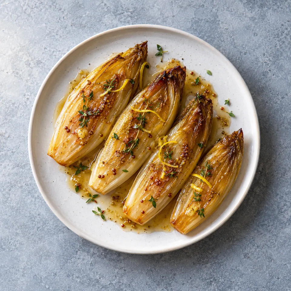 Endives confites à la moutarde douce : quartiers dorés et nappés de miel sur assiette blanche.