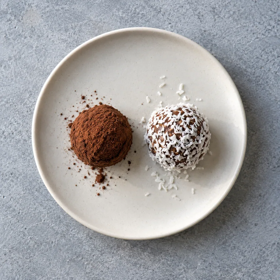 Deux energy balls coco-cacao sur une assiette : une enrobée de cacao noir et l'autre de noix de coco blanche râpée.