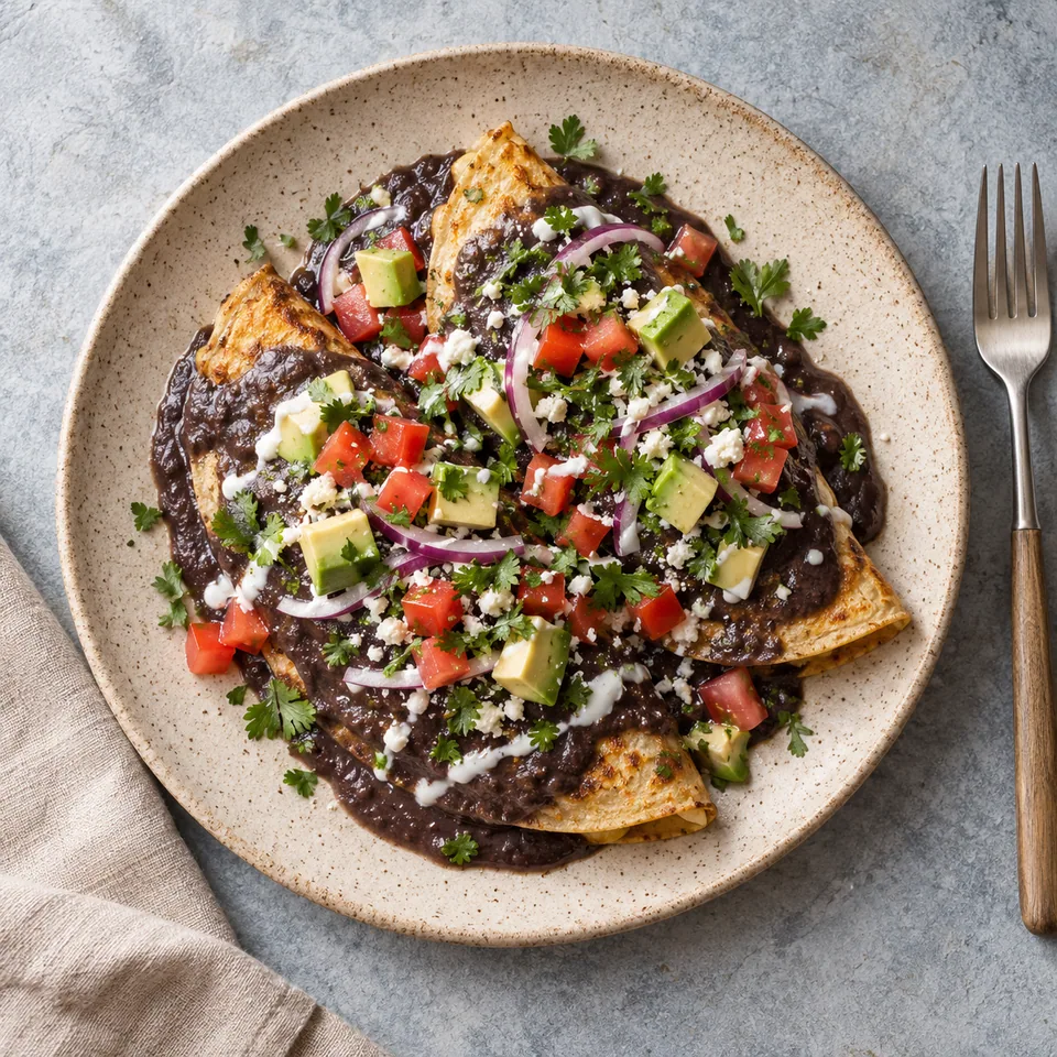 Enfrijoladas à la crème de haricots noirs : galettes pliées nappées de crème, avocat, tomates et coriandre sur assiette beige.