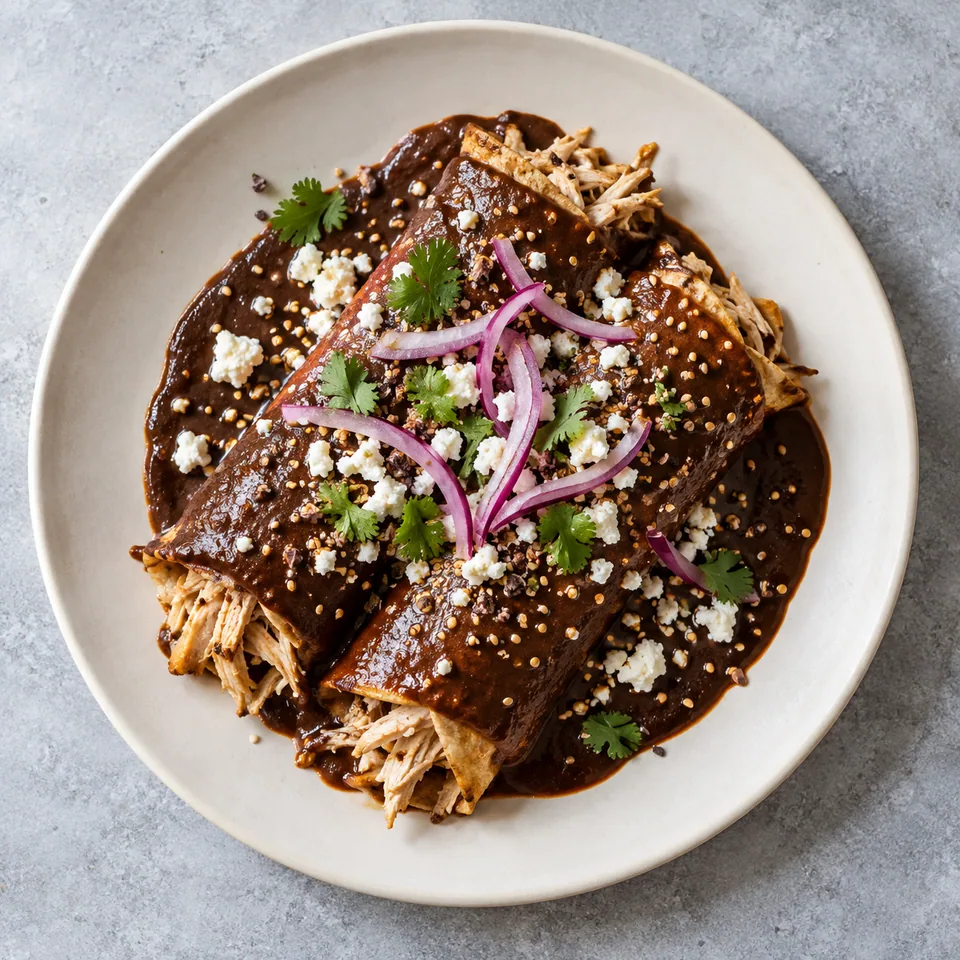 Enmoladas de poulet aux galettes de maïs : deux roulés nappés de sauce mole sombre, garnis de fromage, oignon rouge et sésame sur assiette blanche.