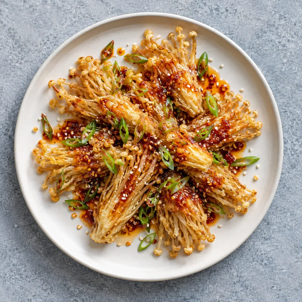 Enoki croustillants dorés servis avec une sauce pimentée brillante à l'oignon vert et sésame sur assiette blanche.