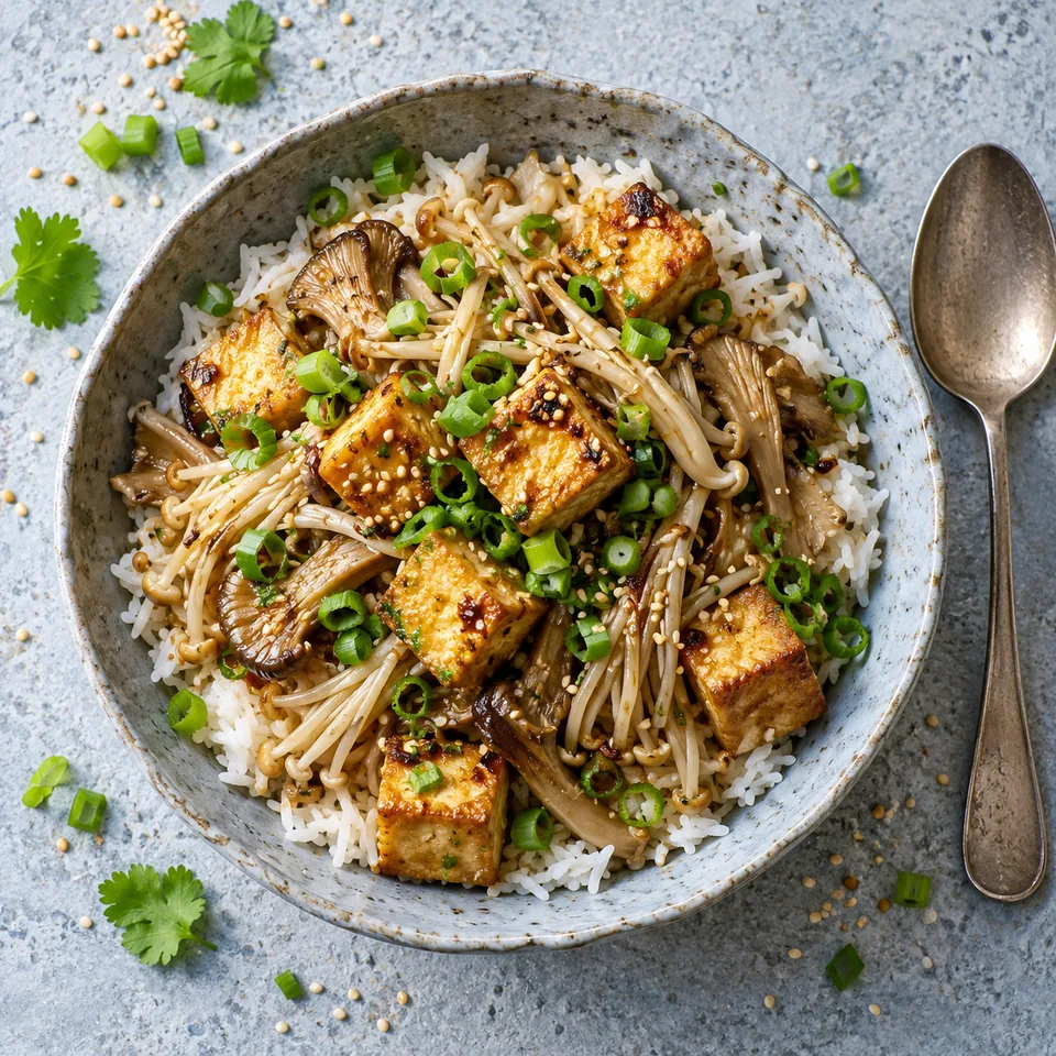 Bol de riz basmati garni de tofu doré et champignons sautés, parsemé de ciboule et sésame.