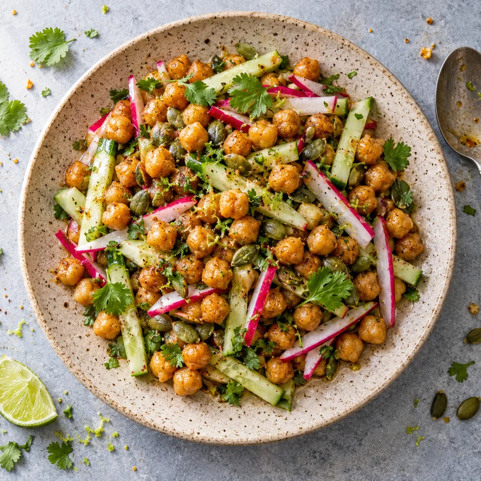 Salade de pois chiches grillés au citron vert sur assiette grès beige, garnie de légumes croquants et graines.