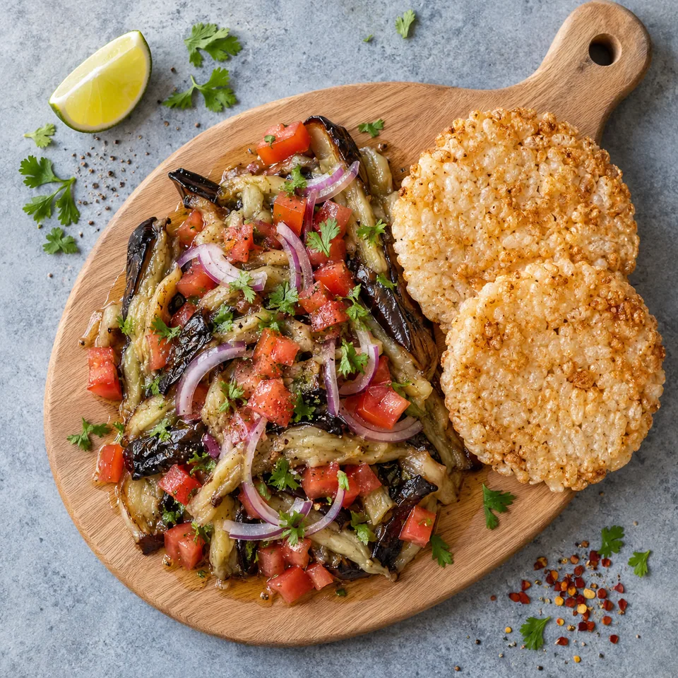 Ensaladang talong : aubergine grillée effilochée, tomates et oignons rouges, accompagnée de galettes de riz soufflé sur planche en bois.