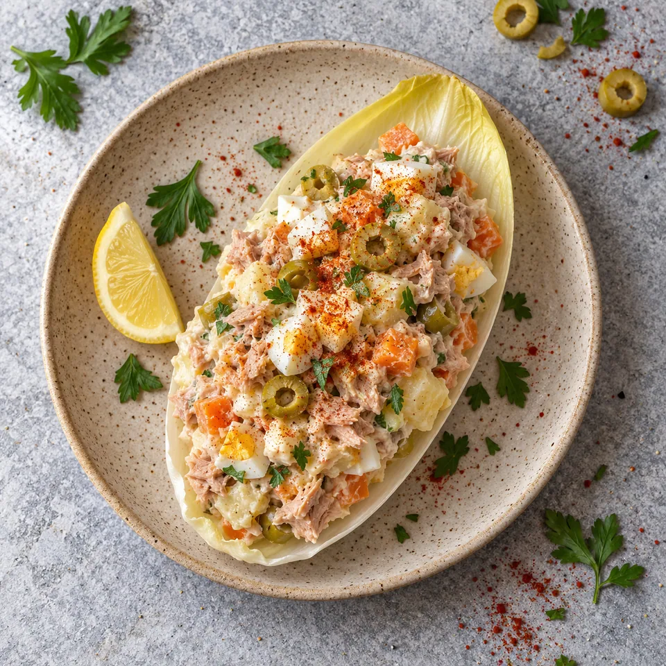 Ensaladilla rusa au thon et au yaourt sur feuille d'endive, avec olives vertes et paprika dans une assiette beige mouchetée.