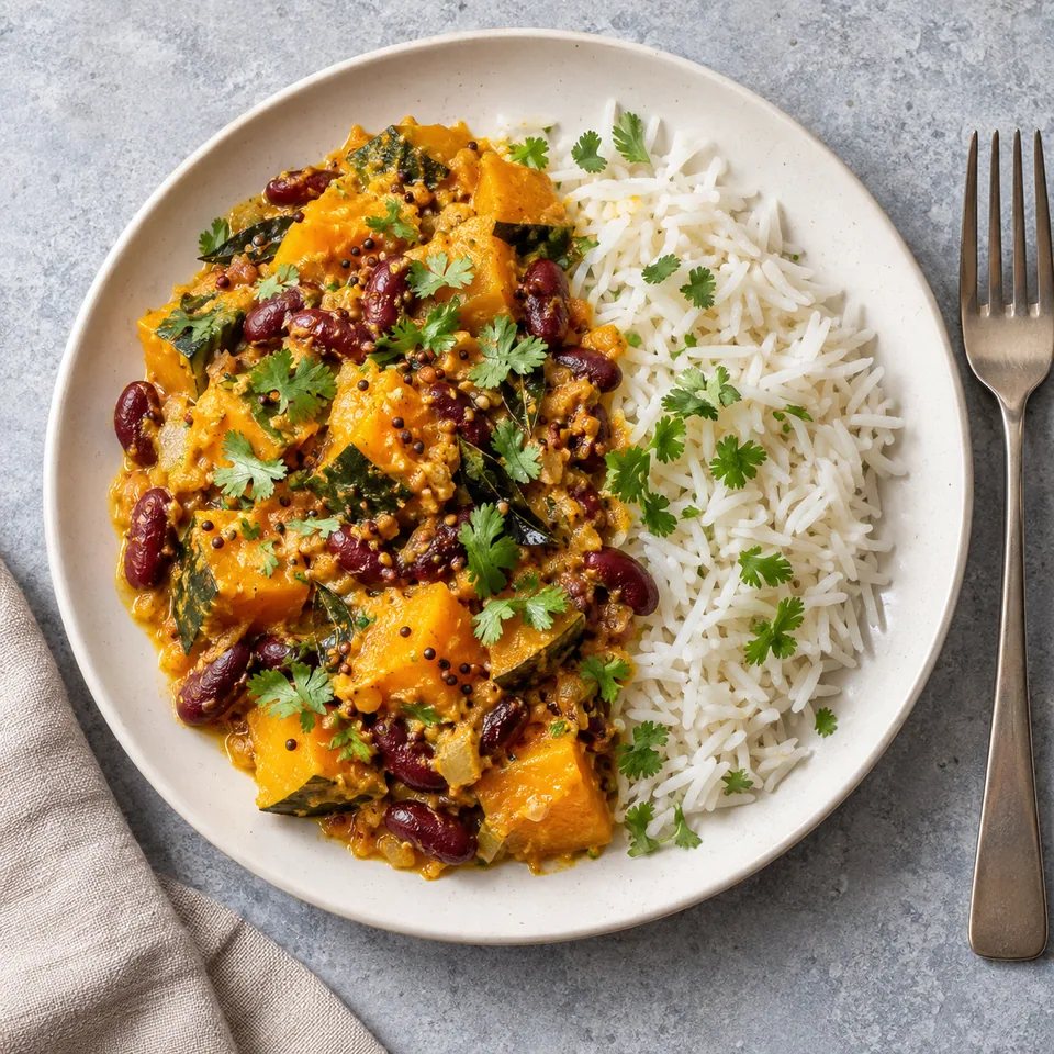 Erissery de potiron et haricots rouges : légumes fondants nappés de sauce coco, riz blanc, coriandre et graines de moutarde grillées.