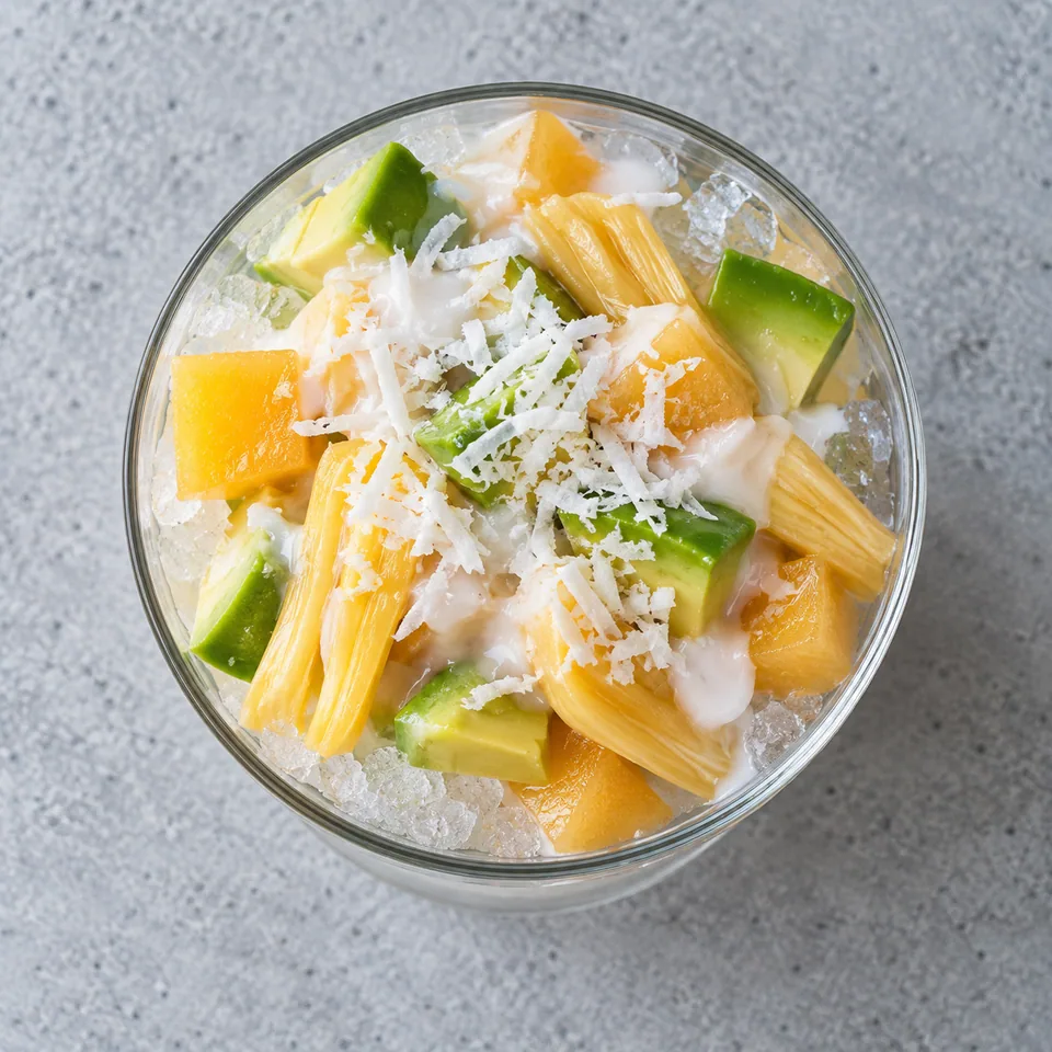 Verrine d'es teler à l’avocat, coco et jacquier : dés de fruits, crème de coco et glace pilée dans un verre transparent.