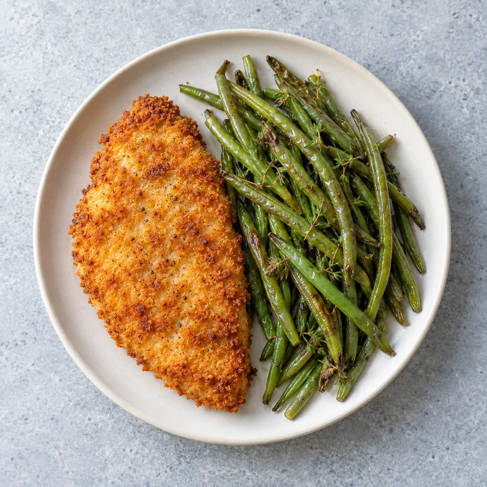 Escalope de dinde panée et haricots rôtis : une escalope dorée et croustillante, accompagnée de haricots verts légèrement brunis.