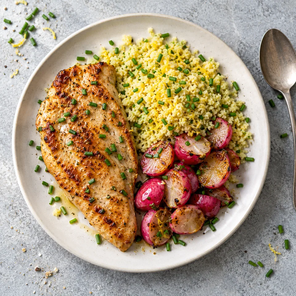 Escalope de dinde dorée, semoule citronnée et radis roses sautés sur assiette blanche