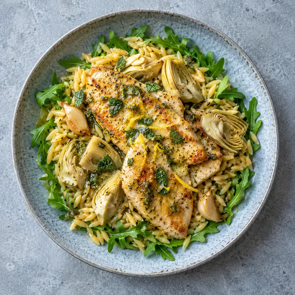 Escalopes de dinde aux artichauts et orzo : dinde nappée, orzo et roquette dans une assiette creuse bleu-gris.