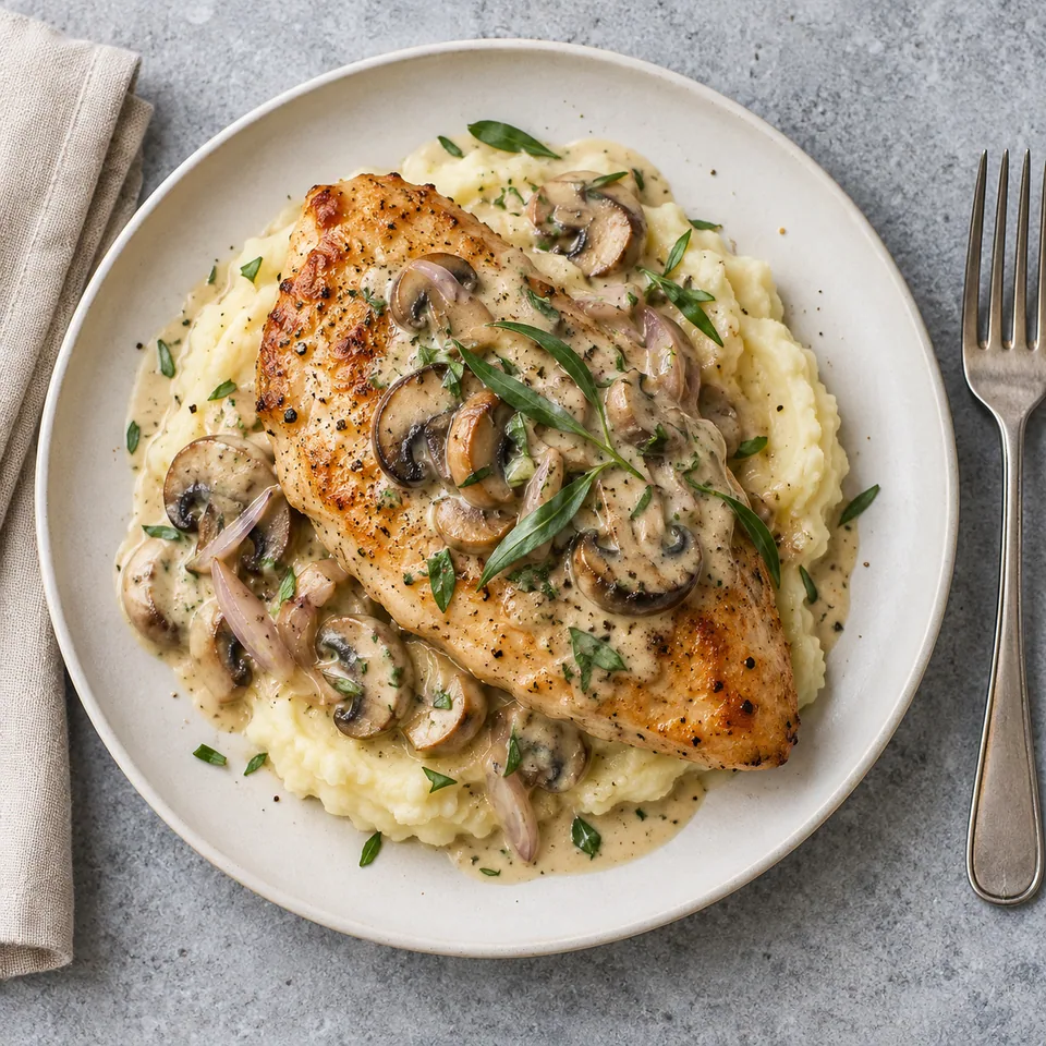 Escalopes de dinde aux champignons et à l’estragon : dinde dorée sur purée de pommes de terre, sauce crème et champignons, assiette blanche.
