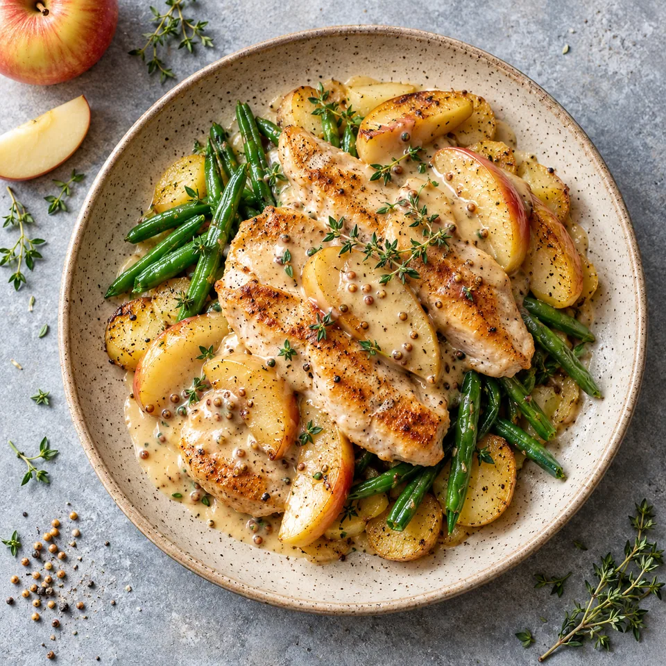 Escalopes de poulet normandes aux pommes et crème servies sur une assiette beige moucheté, accompagnées de pommes de terre et haricots verts.