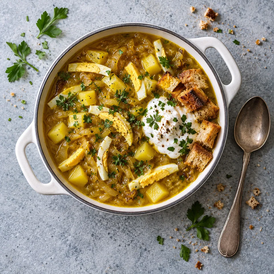 Eshkeneh, soupe persane aux oignons et aux œufs, servie dans une cocotte blanche avec yaourt et pain grillé.
