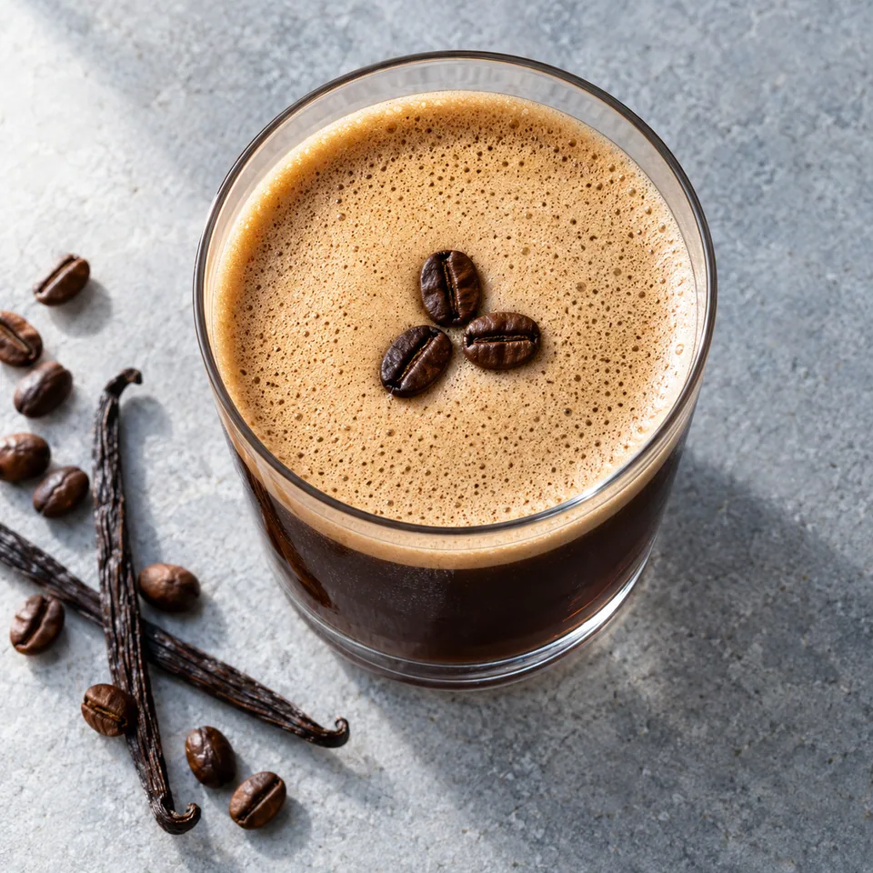 Espresso martini dans un grand verre transparent, mousse brune et trois grains de café sur le dessus.