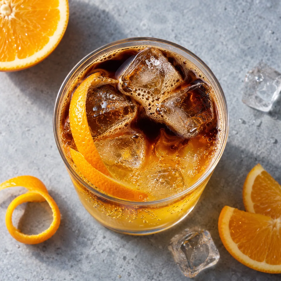Espresso tonic à l'orange dans un grand verre transparent avec glaçons, zeste d'orange et couches de jus et café.