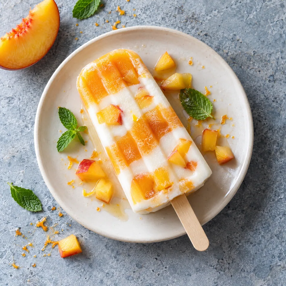 Esquimau pêche et yaourt sur assiette blanche, montrant les couches de purée orange et de yaourt blanc avec des dés de pêche.