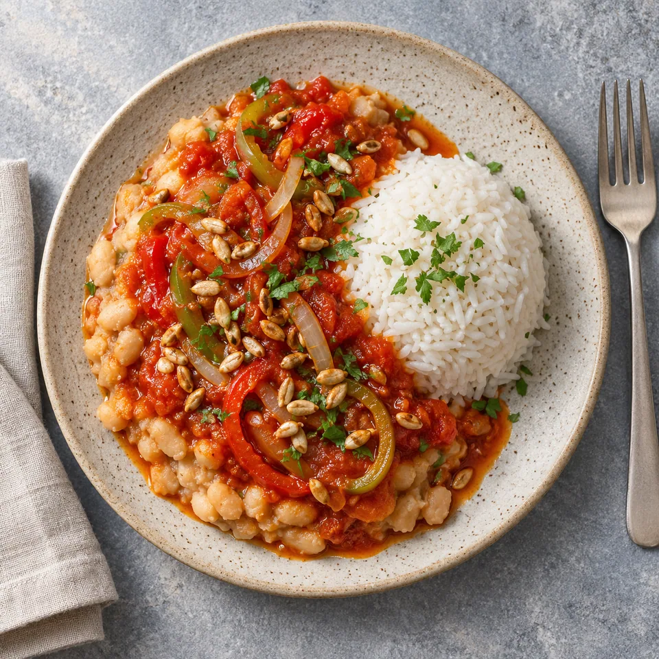 Ewa agoyin : haricots écrasés et riz sur assiette beige, nappés de sauce tomate rouge et graines de tournesol.