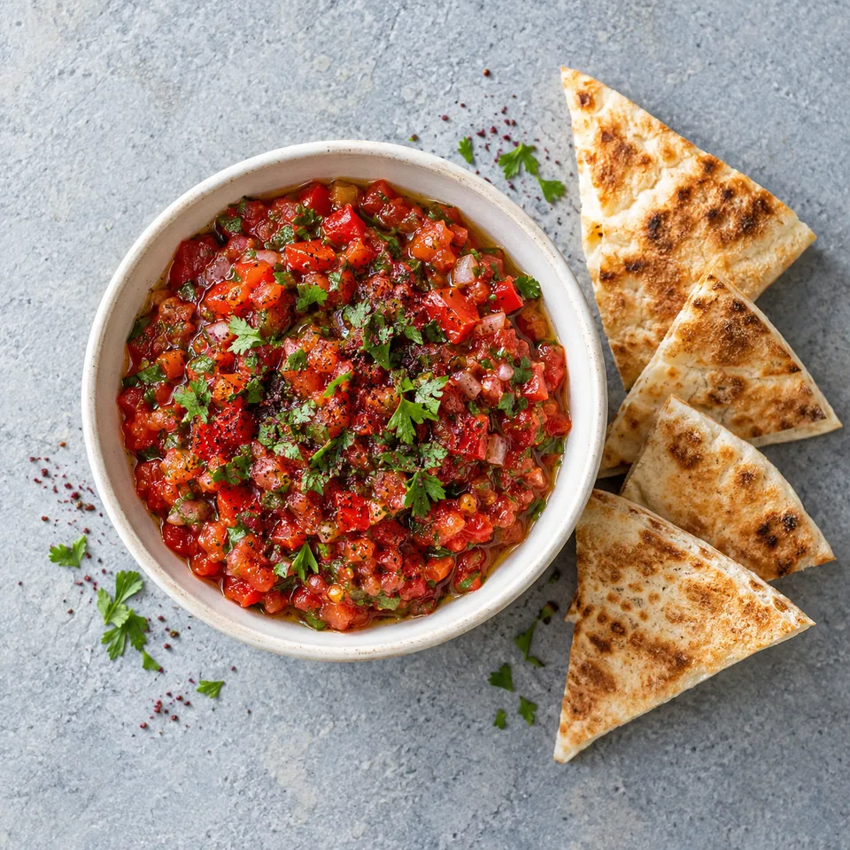 Ezme, salade turque pimentée de tomates et poivrons servie dans un bol blanc cassé avec des triangles de pain pita grillés.