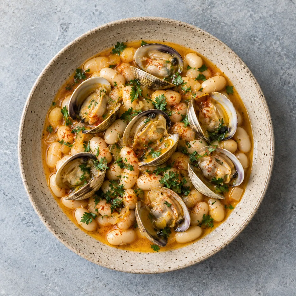 Assiette de fabes con almejas : haricots blancs à la sauce paprika et palourdes ouvertes, parsemées de persil.