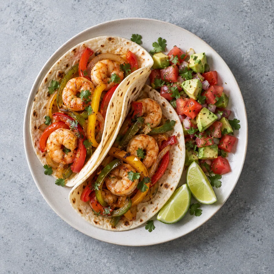 Fajitas de crevettes aux poivrons, tortillas garnies de crevettes, poivrons, oignon et salsa tomate-avocat.