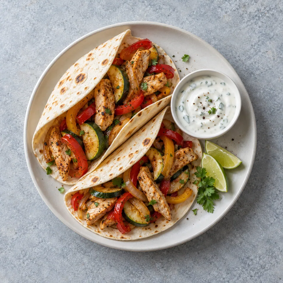Fajitas de dinde aux légumes, tortillas garnies de dinde dorée et de légumes, avec sauce au yaourt à côté.