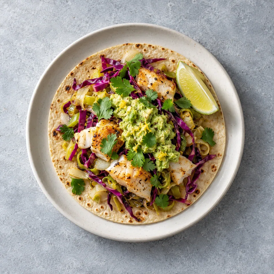 Fajitas de poisson avec tortilla garnie de poisson doré, poireaux, chou rouge, avocat écrasé et coriandre.