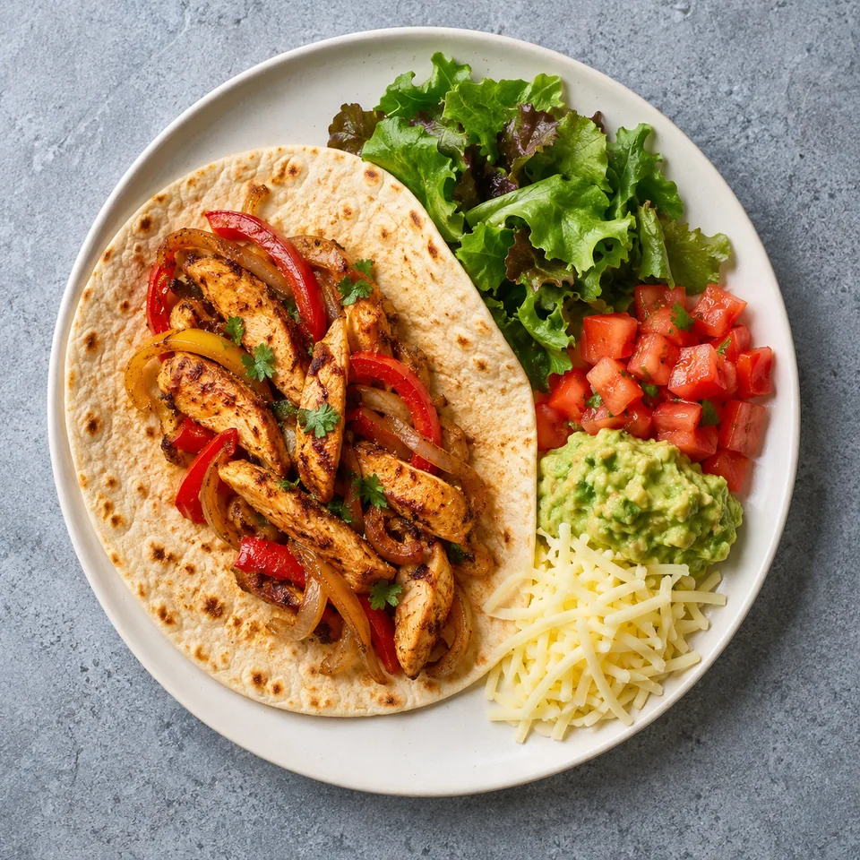 Fajitas de poulet à garnir soi-même : tortilla garnie de poulet, poivrons, oignons, salade, tomates, guacamole et emmental sur assiette blanche.