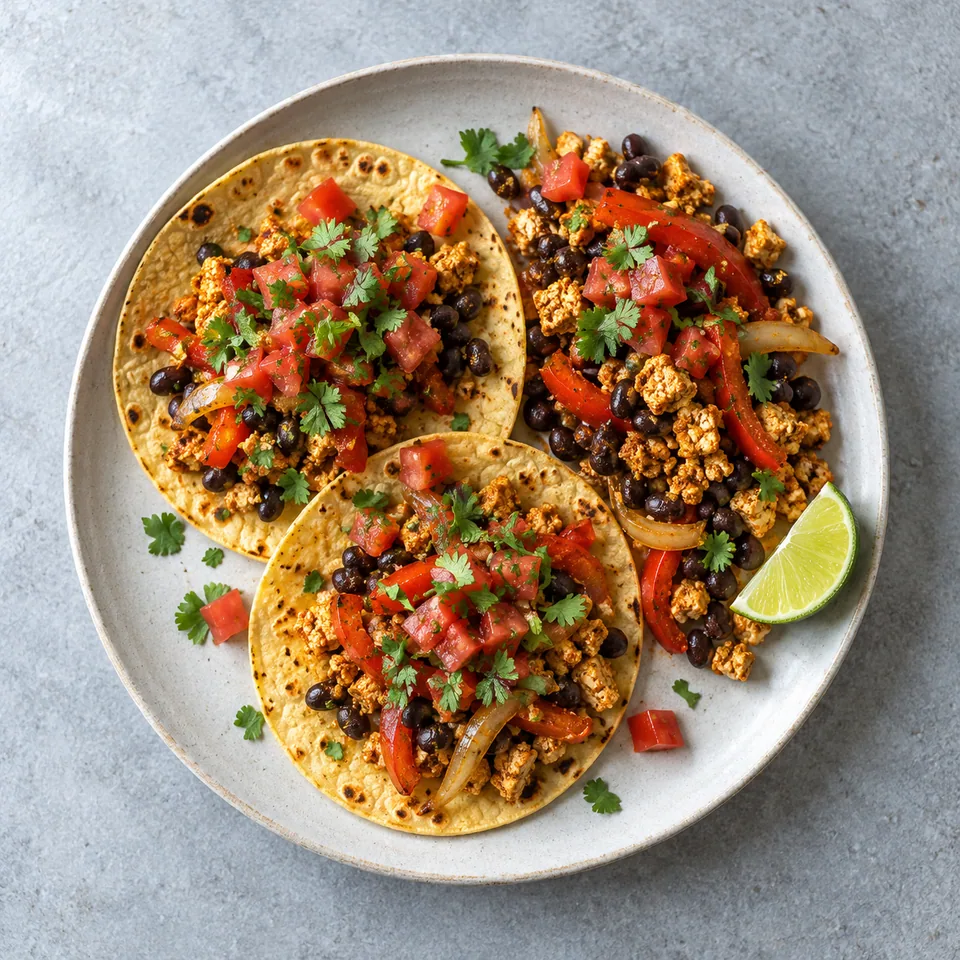 Fajitas végétariennes aux haricots noirs et tofu, tortillas ouvertes avec poivron, oignon et salsa de tomate à la coriandre.