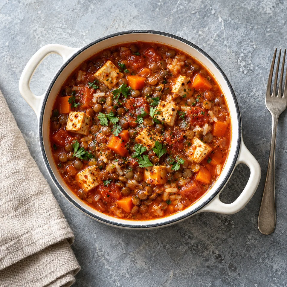 Fakes, soupe grecque de lentilles au vinaigre : portion de lentilles, tofu et carottes dans un bouillon rouge, servie dans une petite cocotte blanche.