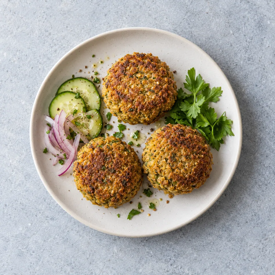 Trois falafels dorés et croustillants servis sur une assiette blanche, portion de deux personnes.