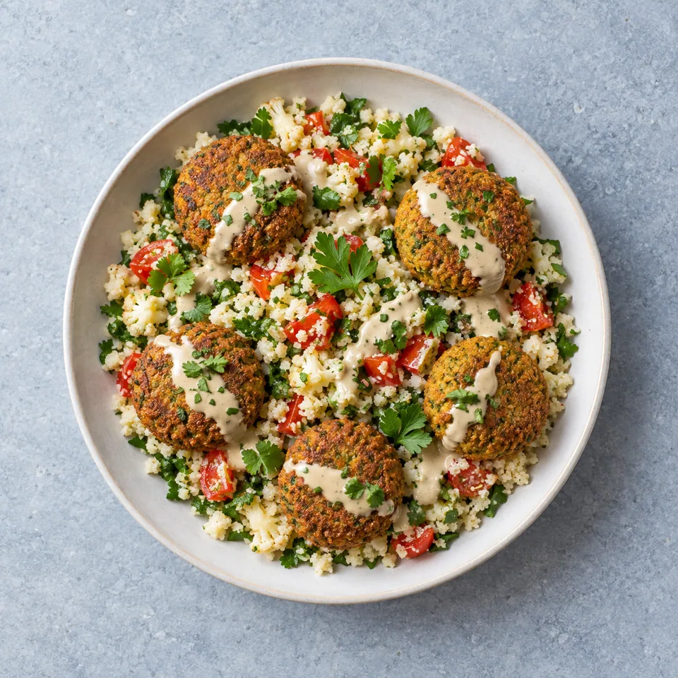 Falafels au four avec couscous de chou-fleur aux tomates et herbes, nappés de sauce tahini citronnée.