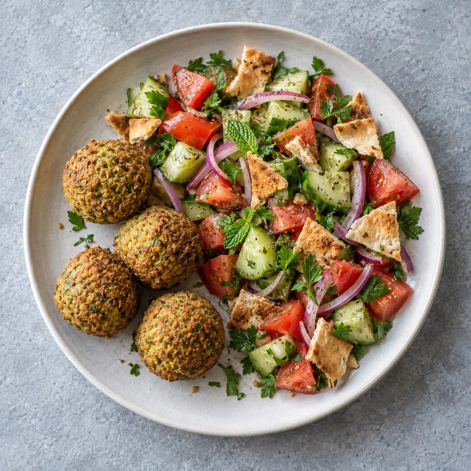 Falafels au four et salade fattouche : quatre falafels dorés avec salade de tomates, concombre, oignon, herbes et pita grillée.