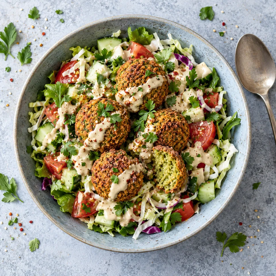 Assiette de falafels dorés sur salade de légumes frais nappée de sauce tahin