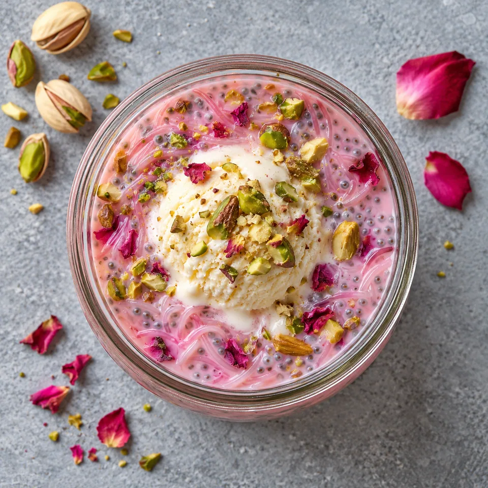 Falooda rose à la glace vanille dans un bocal en verre, avec vermicelles, graines de chia et pistaches concassées.
