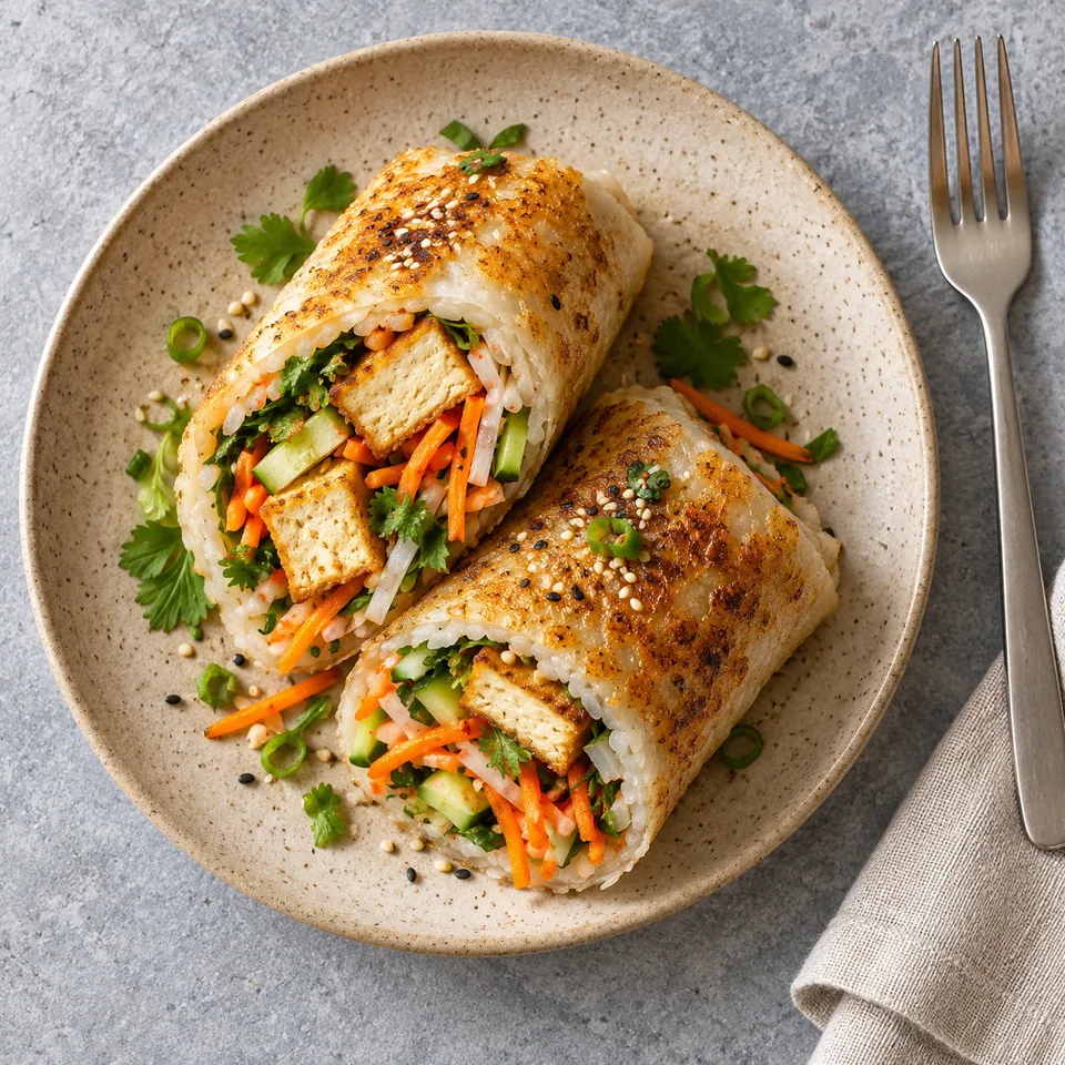 Rouleaux de riz au tofu doré et légumes croquants sur assiette beige sable, vue de dessus.