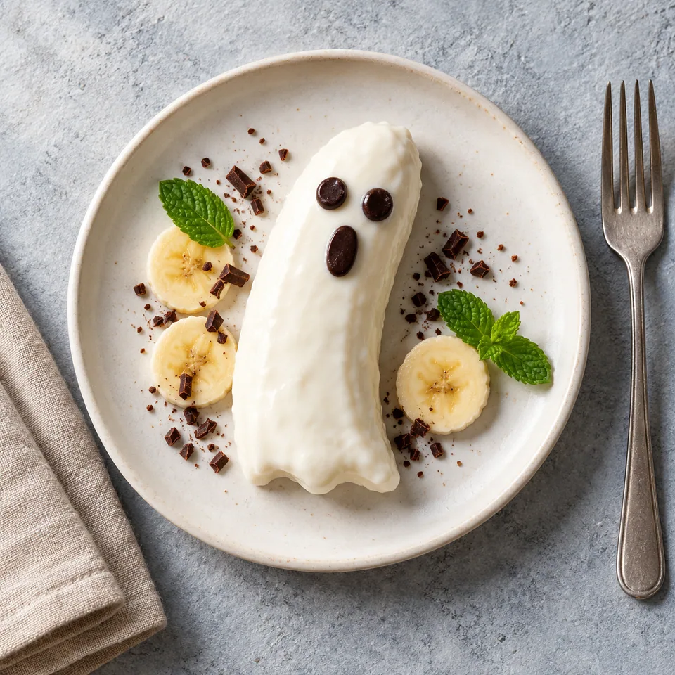 Fantôme glacé de banane au yaourt grec sur assiette blanche, décoré de chocolat noir pour les traits du visage.