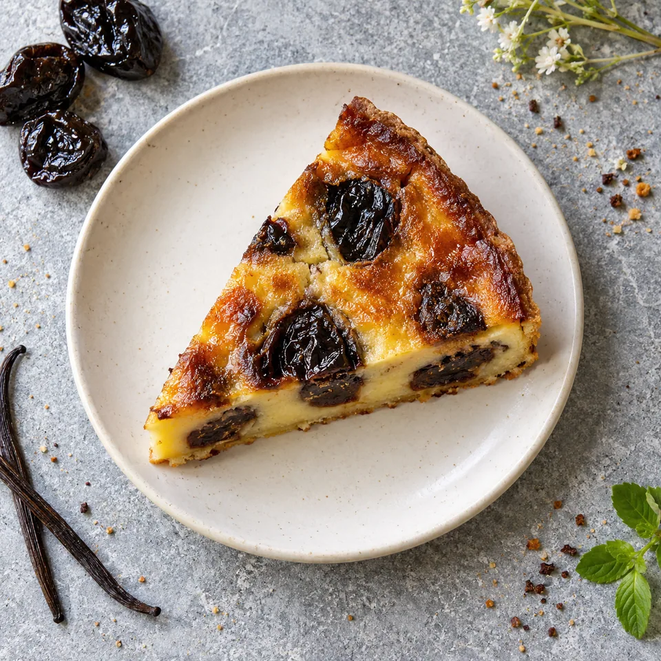 Part de far breton fondant aux pruneaux sur assiette blanche, pruneaux noirs brillants visibles dans la pâte dorée.